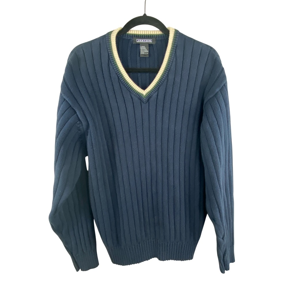 VTG Jantzen Men's Sweater L Navy Blue Ribbed V Neck Tennis Preppy Cotton Coastal